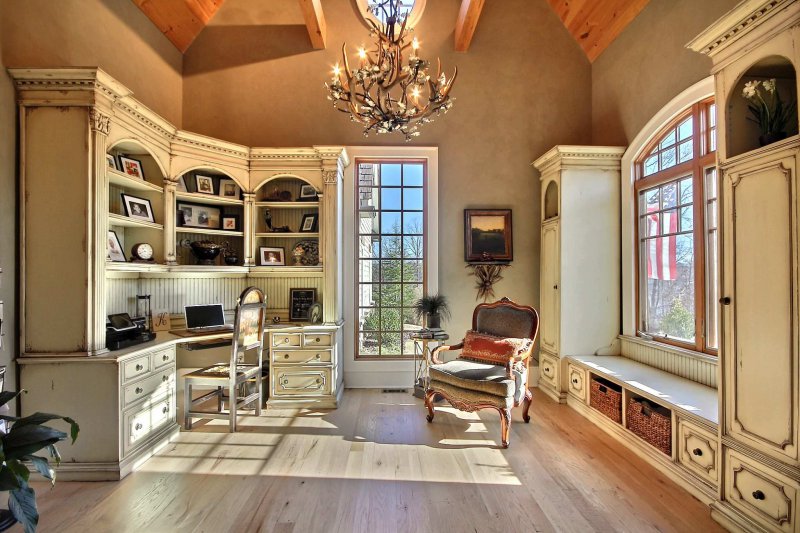 home office with chandelier