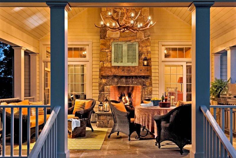 porch with antler chandelier