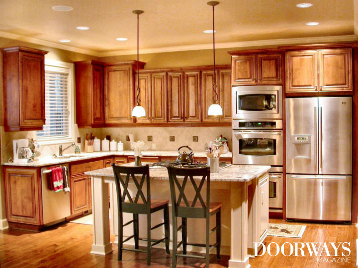 country kitchen with stained cabinets