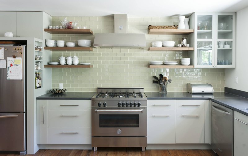 kitchen open shelves tile backsplash