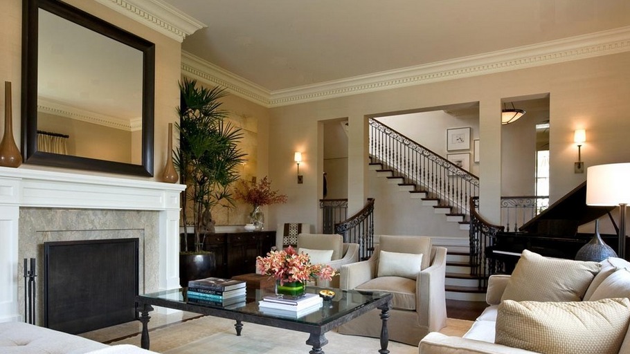 living room with crown molding